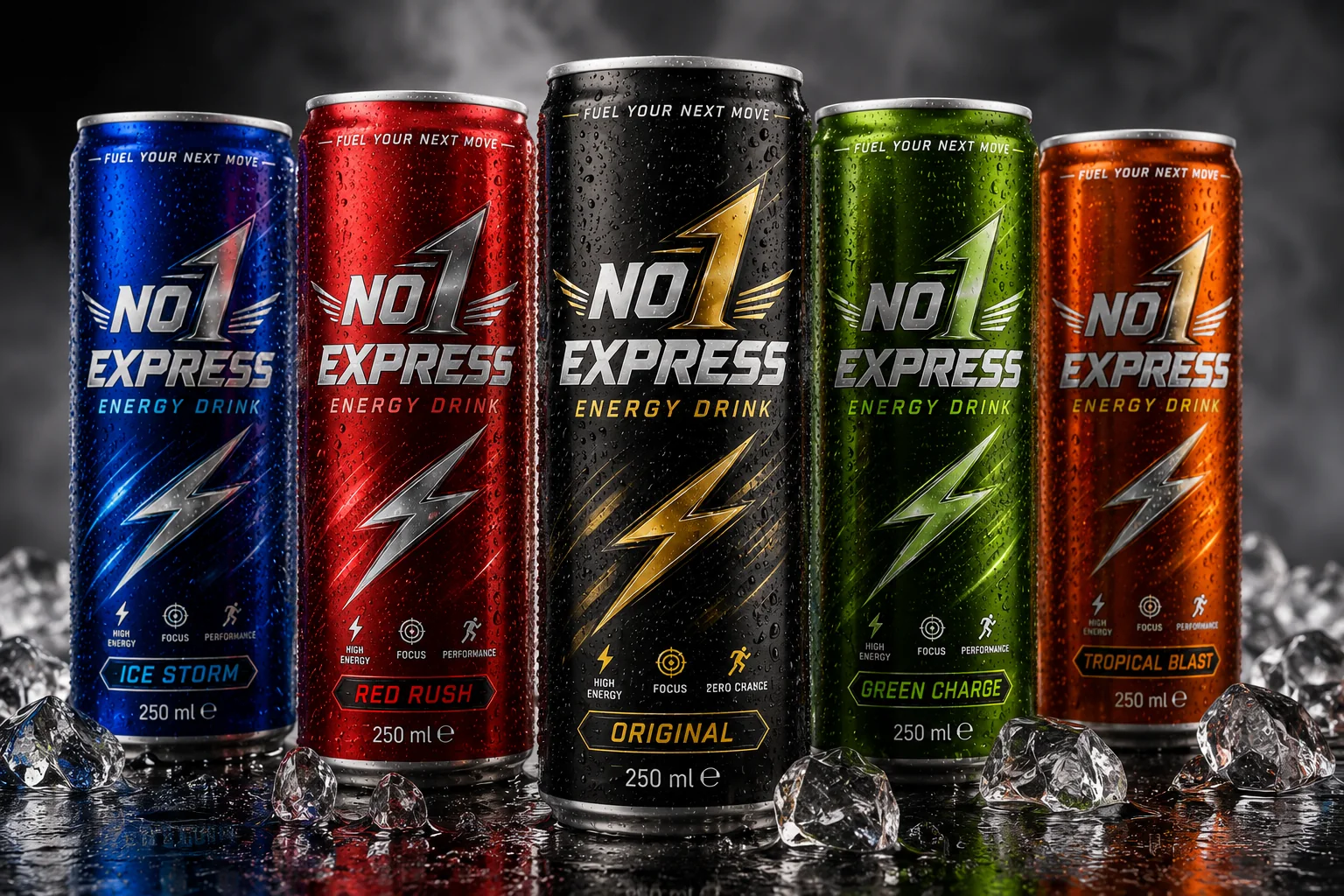 NO 1 EXPRESS energy drink lineup on ice